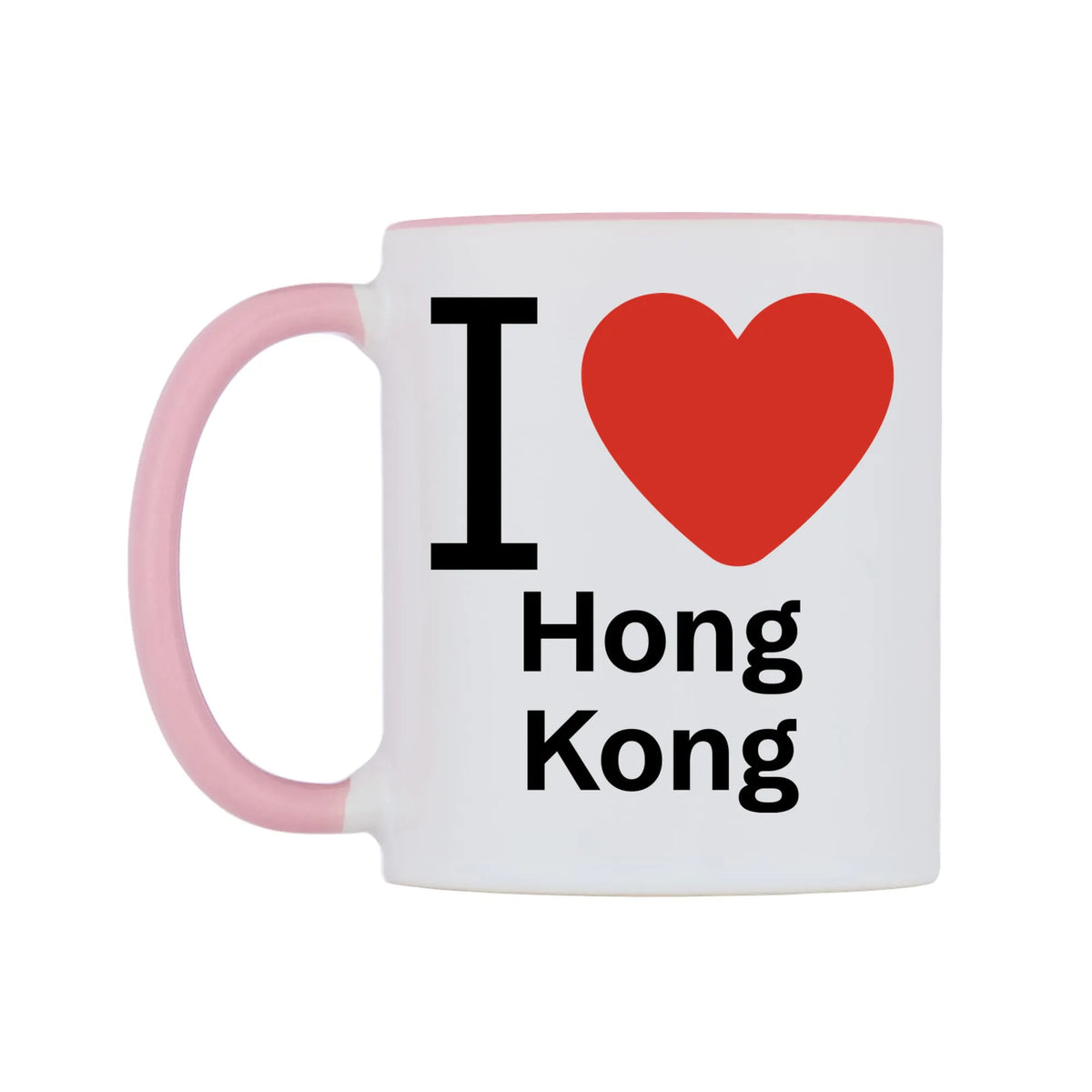 I Love Hong Kong Mug — white 11oz gloss mug with a pink inside and handle, right side, on a white background