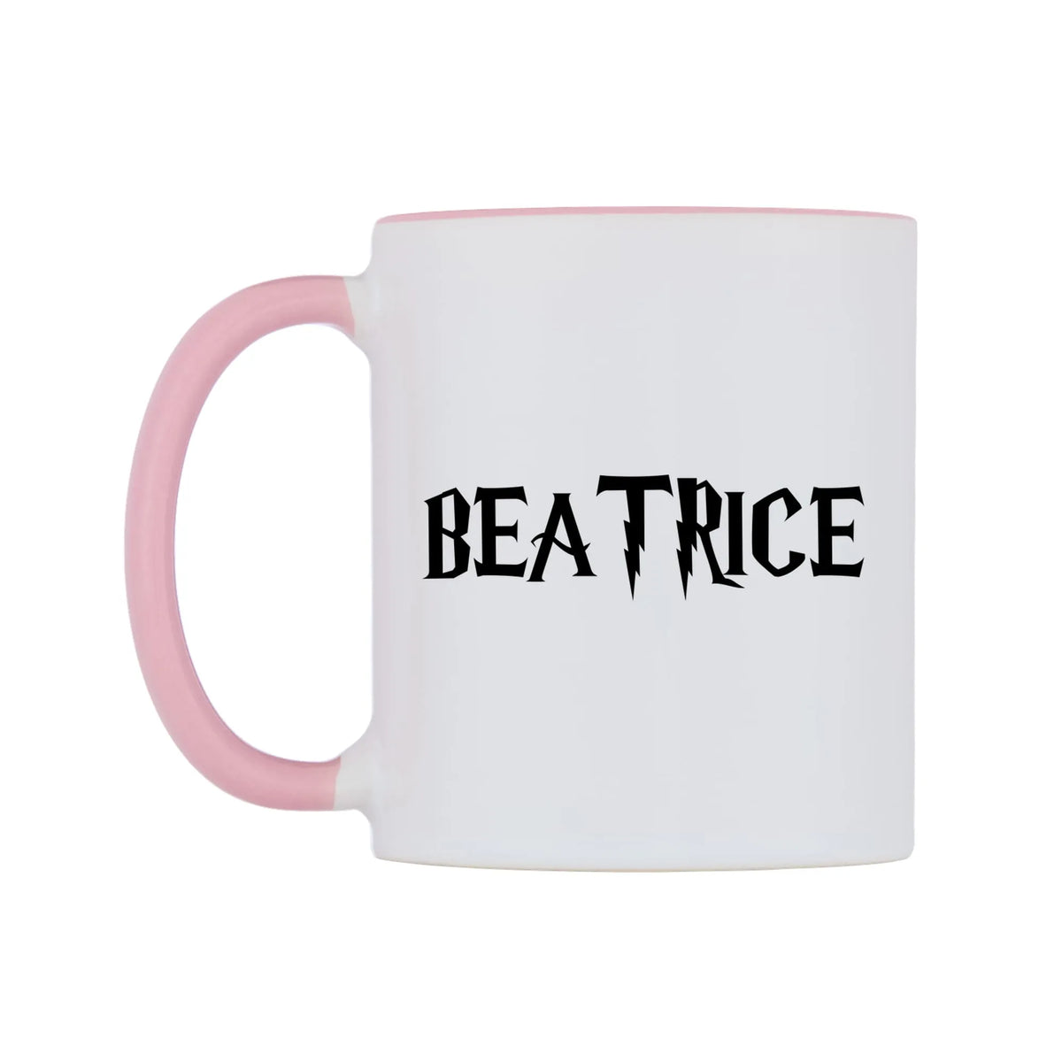 Beatrice - Wizard Themed Mug — white 11oz gloss mug with a pink inside and handle, right side, on a white background