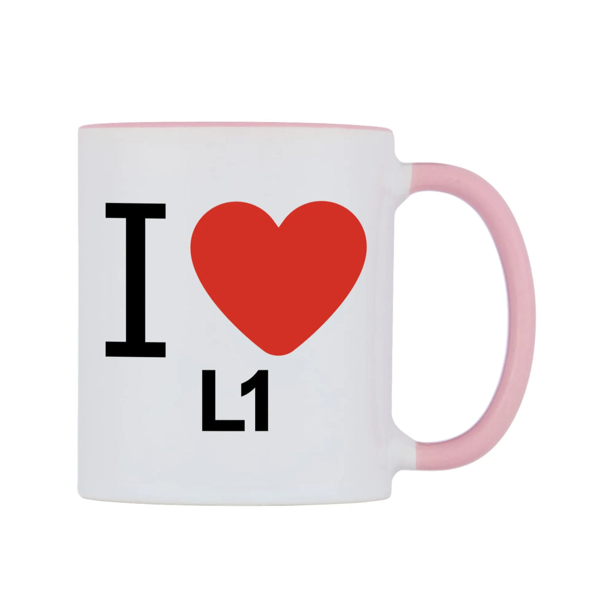 I Love L1 Mug — white 11oz gloss mug with a pink inside and handle, left side, on a white background