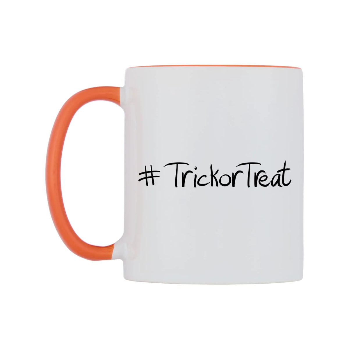 TrickorTreat Mug — white 11oz gloss mug with a orange inside and handle, right side, on a white background