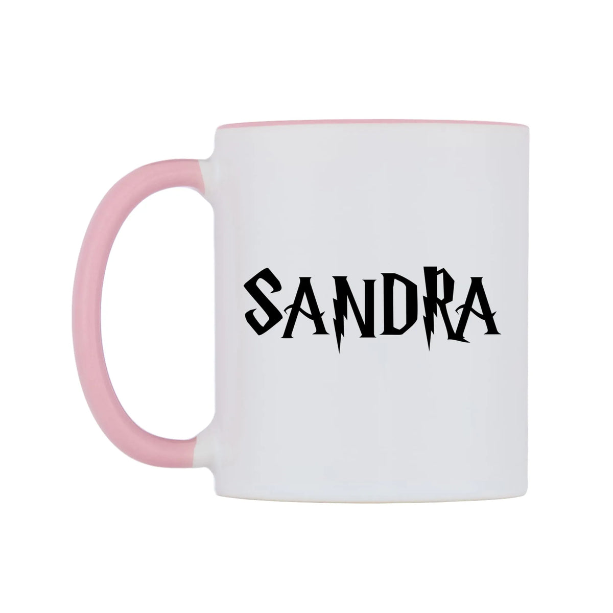 Sandra - Wizard Themed Mug — white 11oz gloss mug with a pink inside and handle, right side, on a white background