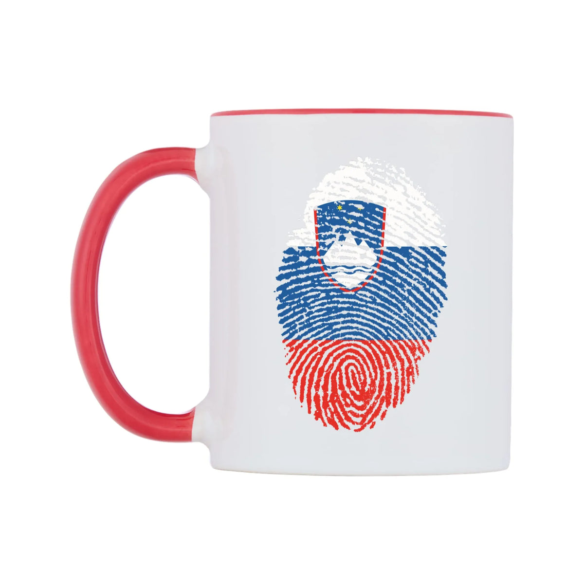 Slovenia Finger Print Flag Mug — white 11oz gloss mug with a red inside and handle, right side, on a white background