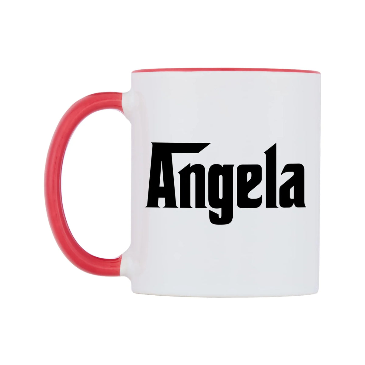 Angela - Godfather Themed Mug — white 11oz gloss mug with a red inside and handle, right side, on a white background