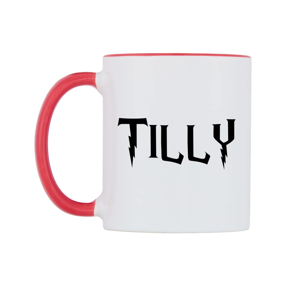 Tilly - Wizard Themed Mug — white 11oz gloss mug with a red inside and handle, right side, on a white background