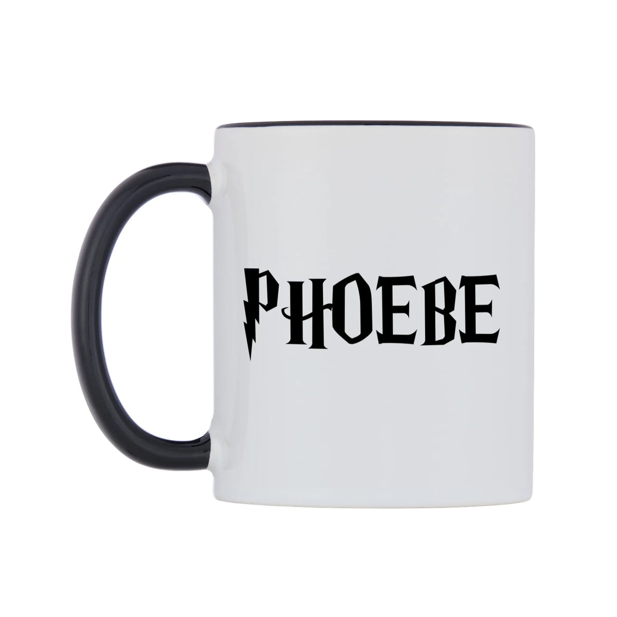 Phoebe - Wizard Themed Mug — white 11oz gloss mug with a black inside and handle, right side, on a white background