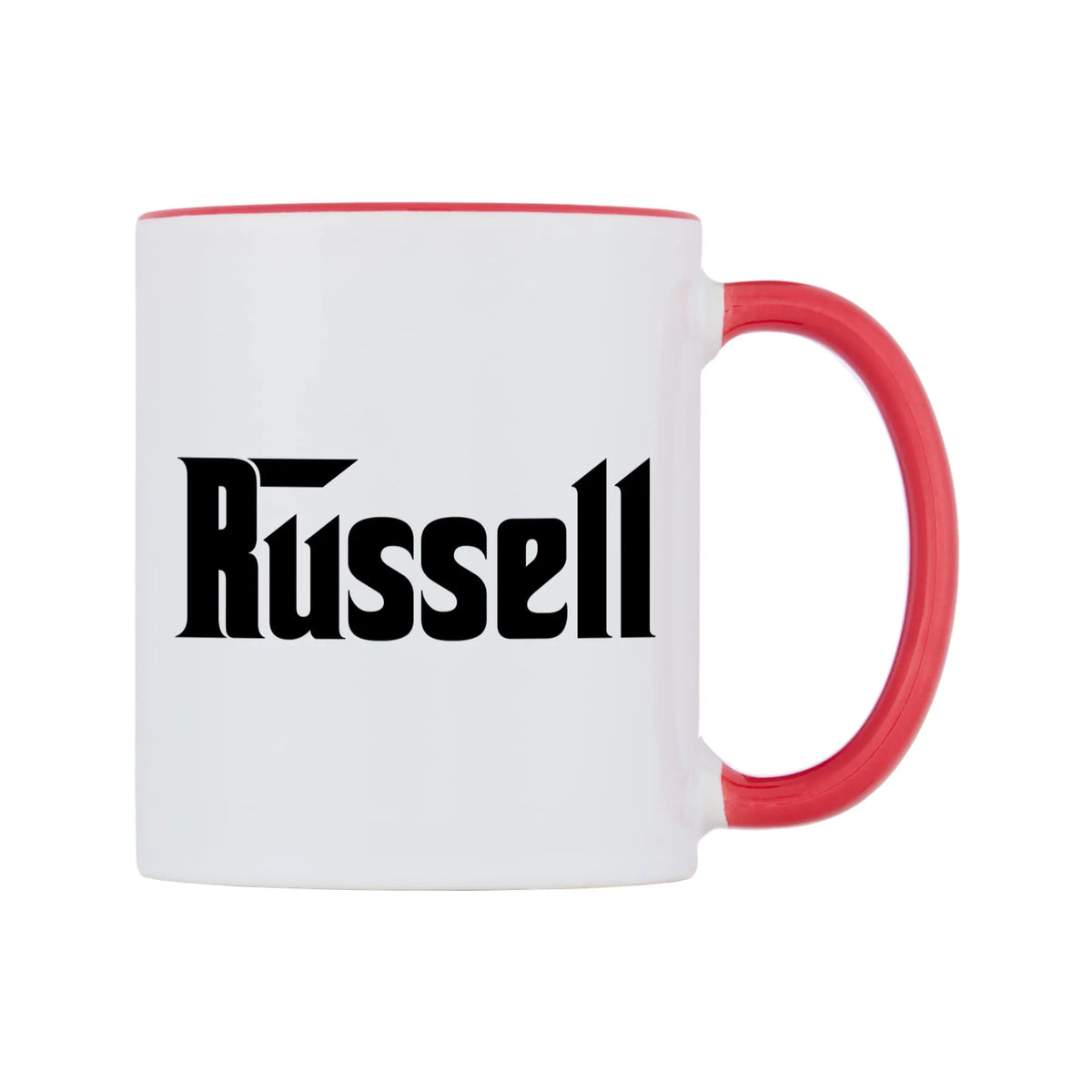 Russell - Godfather Themed Mug — white 11oz gloss mug with a red inside and handle, left side, on a white background