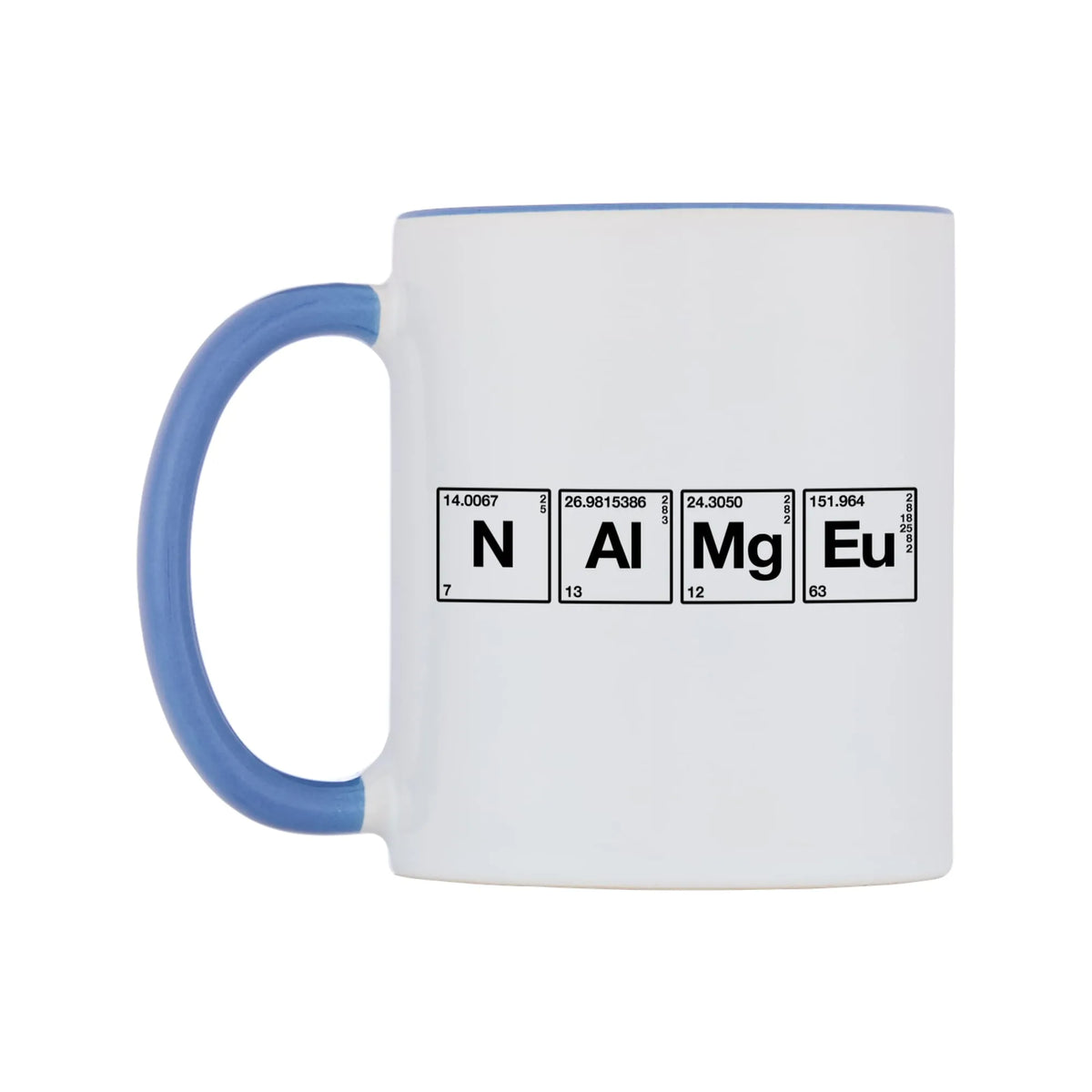 Chemistry Themed Personalised Mug — white 11oz gloss mug with a cambridge blue inside and handle, right side, on a white background