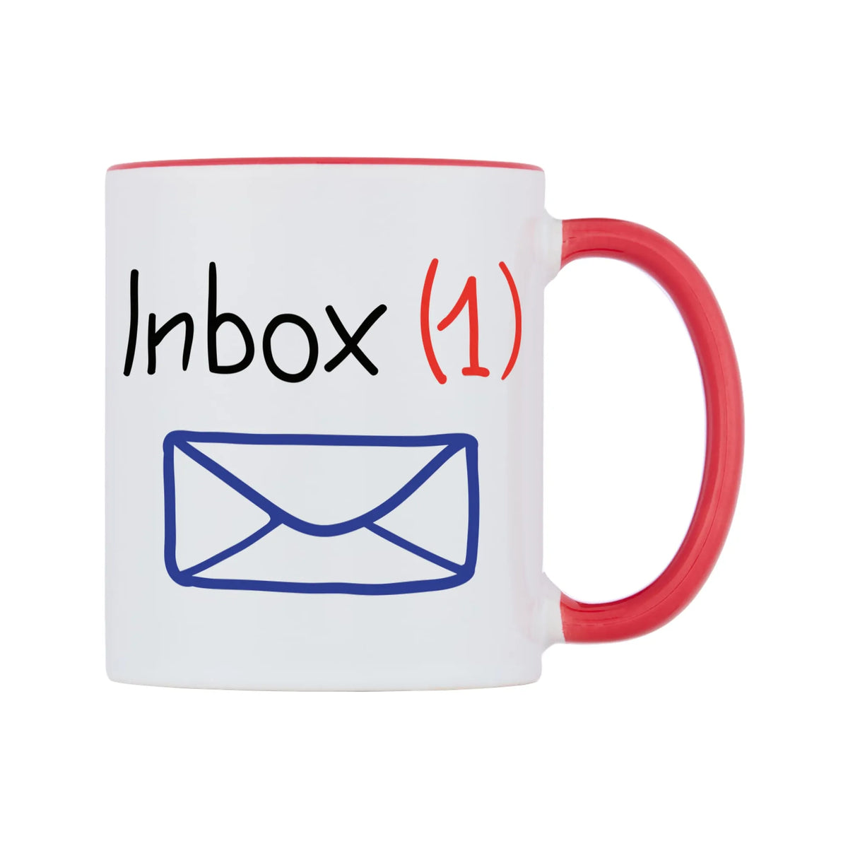 Inbox (1) Mug — white 11oz gloss mug with a red inside and handle, left side, on a white background