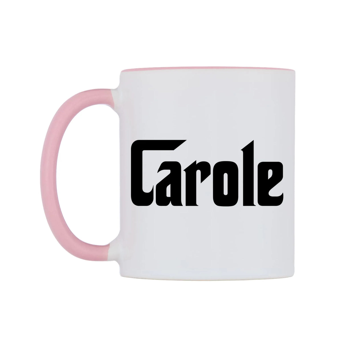Carole - Godfather Themed Mug — white 11oz gloss mug with a pink inside and handle, right side, on a white background