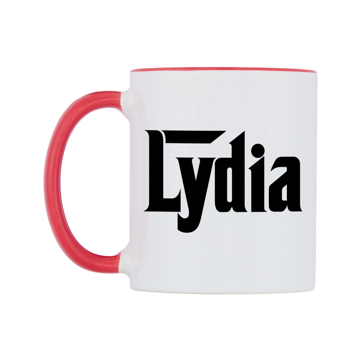 Lydia - Godfather Themed Mug — white 11oz gloss mug with a red inside and handle, right side, on a white background