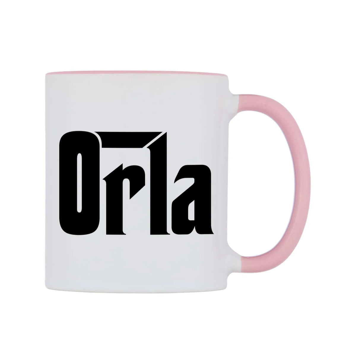 Orla - Godfather Themed Mug — white 11oz gloss mug with a pink inside and handle, left side, on a white background