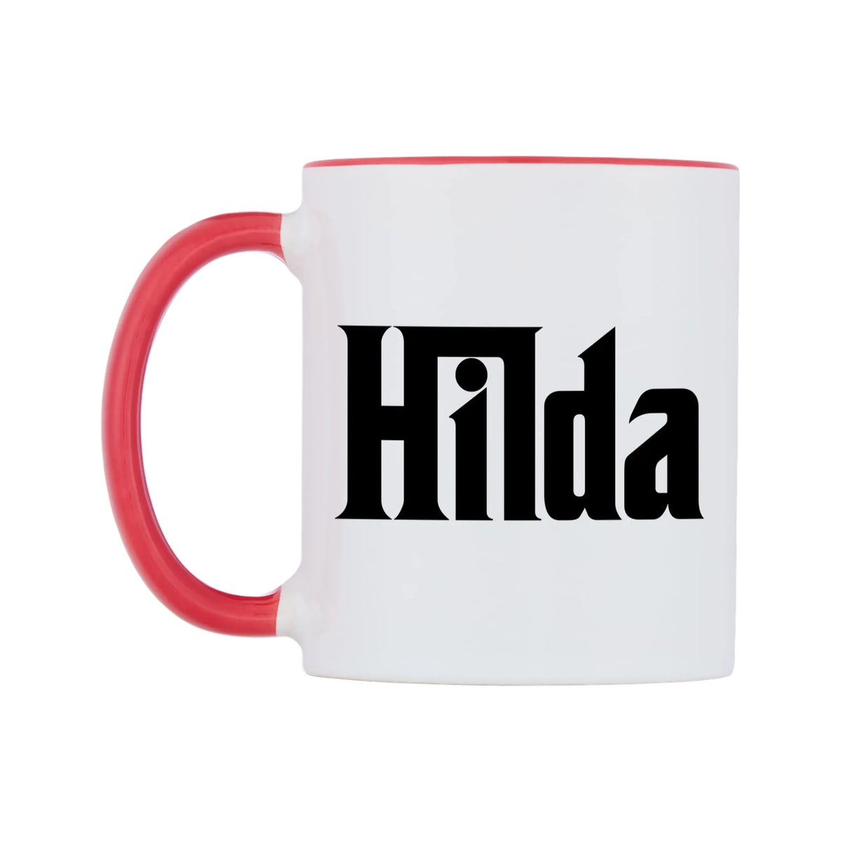 Hilda - Godfather Themed Mug — white 11oz gloss mug with a red inside and handle, right side, on a white background