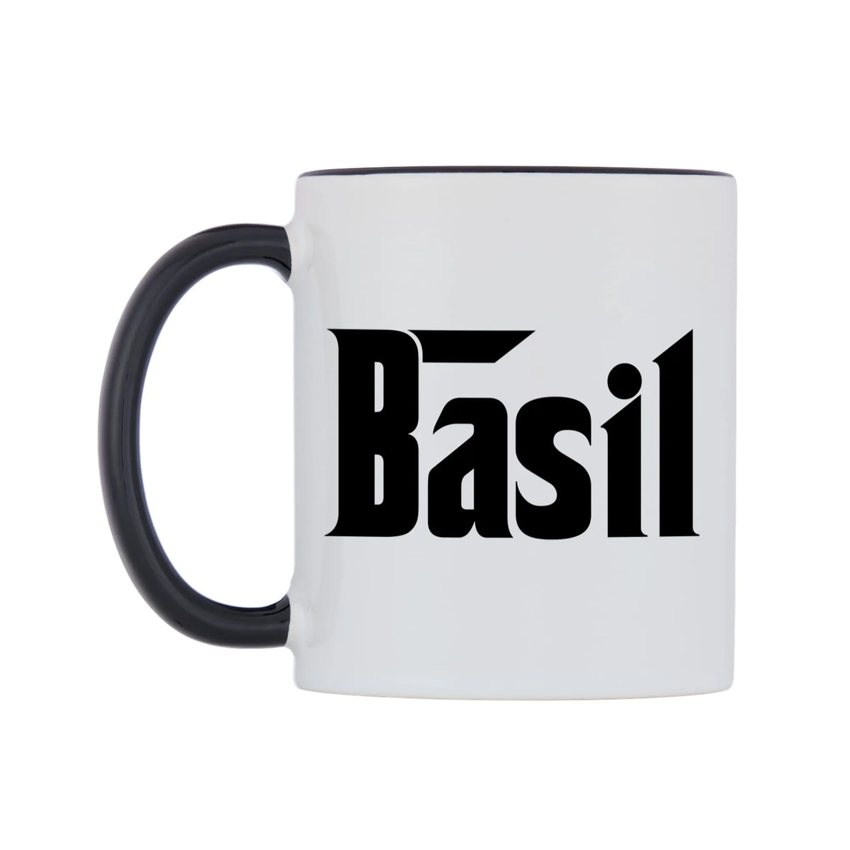 Basil - Godfather Themed Mug — white 11oz gloss mug with a black inside and handle, right side, on a white background