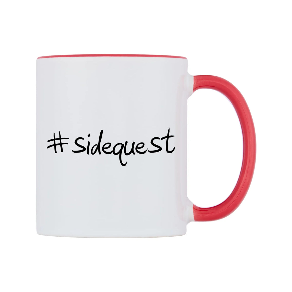 sidequest Mug — white 11oz gloss mug with a red inside and handle, left side, on a white background