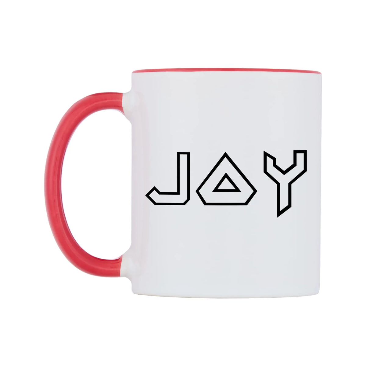 Joy - Iron Maiden Themed Mug — white 11oz gloss mug with a red inside and handle, right side, on a white background