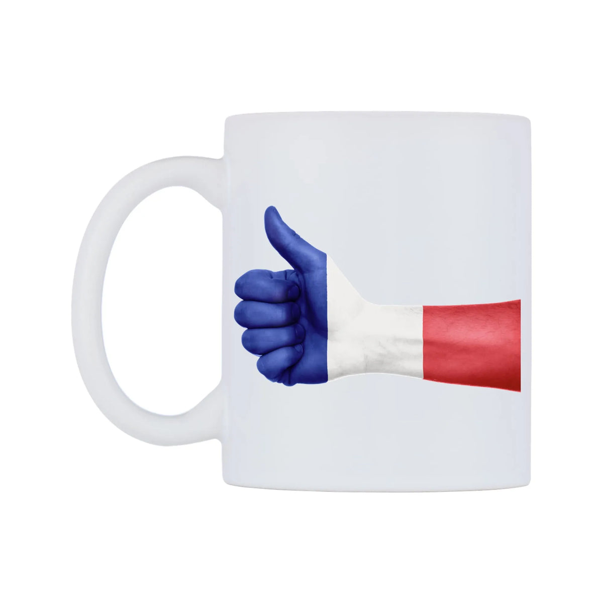 France Thumbs up Flag Mug — white 11oz gloss mug, right side, on a white background