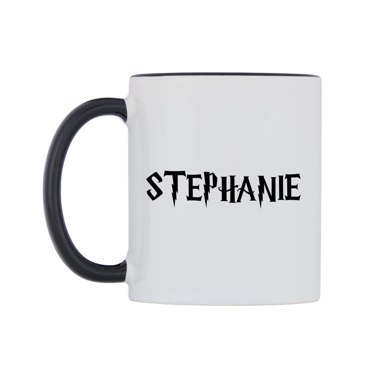 Stephanie - Wizard Themed Mug — white 11oz gloss mug with a black inside and handle, right side, on a white background