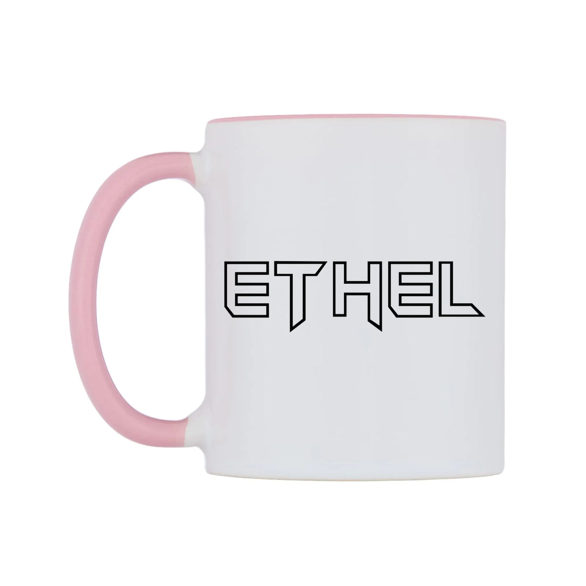 Ethel - Iron Maiden Themed Mug — white 11oz gloss mug with a pink inside and handle, right side, on a white background