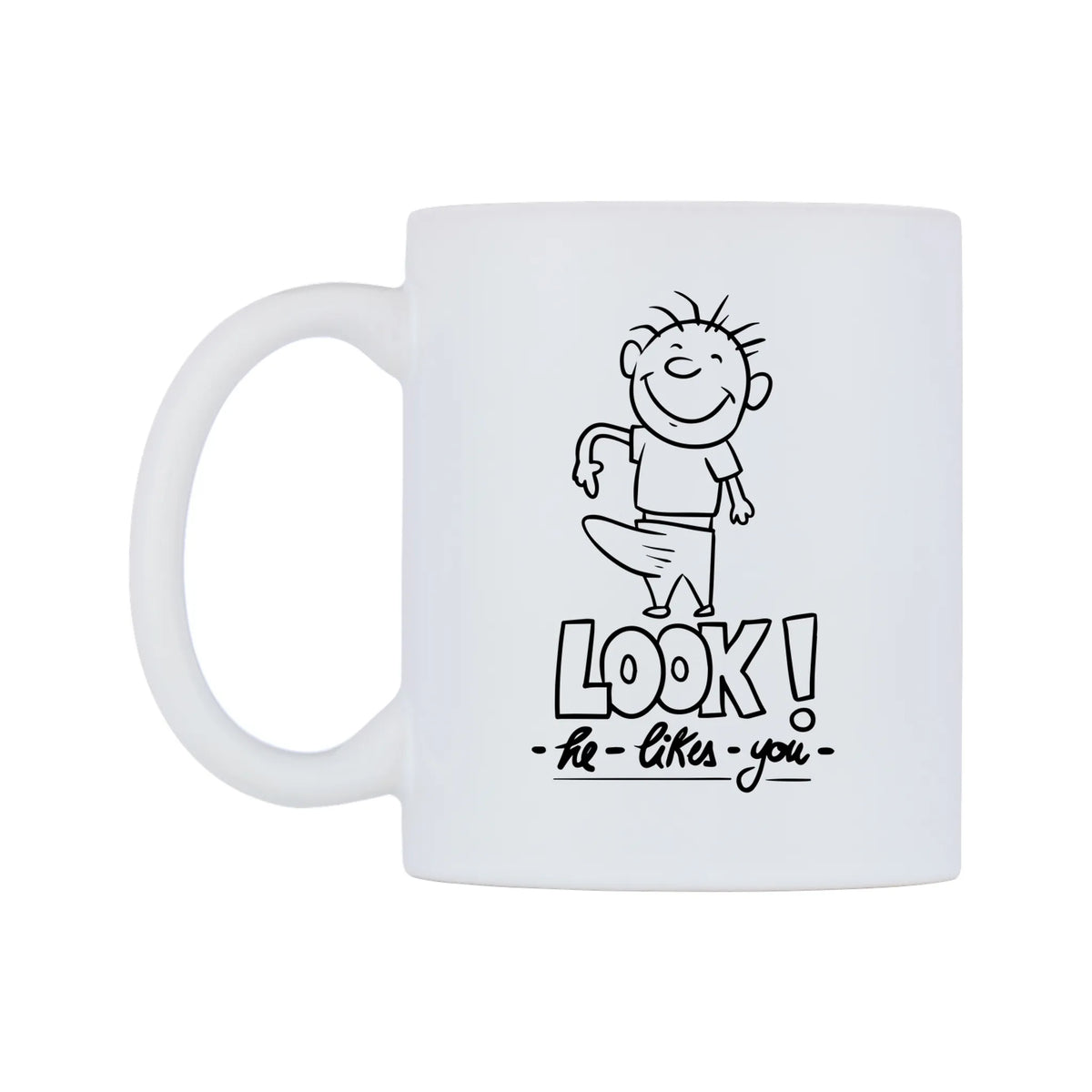 LOOK! - he - likes - you - Mug — white 11oz gloss mug, right side, on a white background