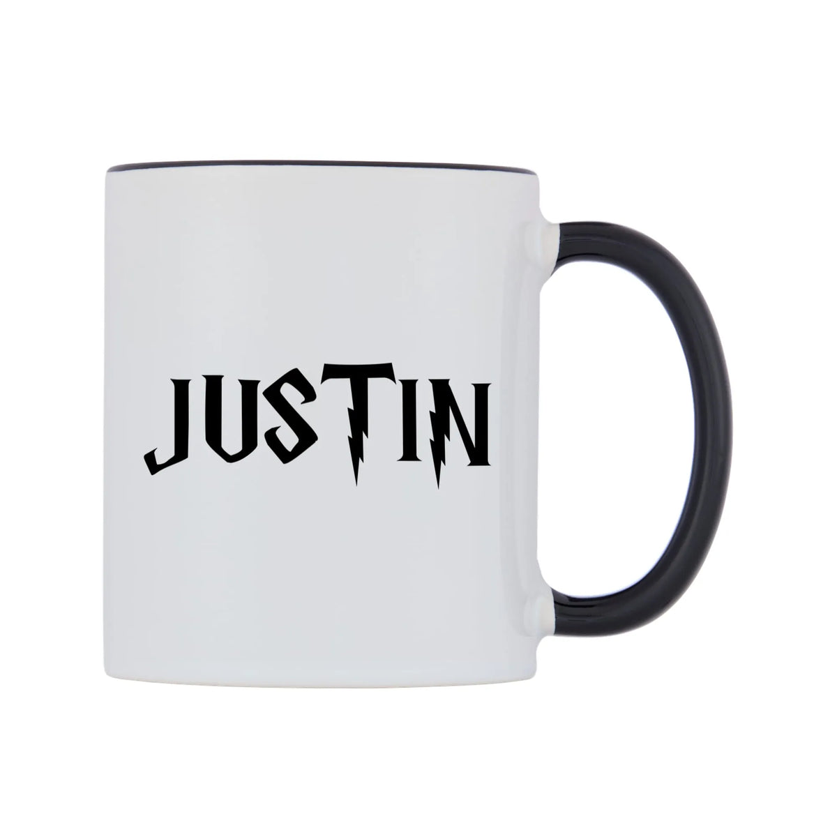Justin - Wizard Themed Mug — white 11oz gloss mug with a black inside and handle, left side, on a white background