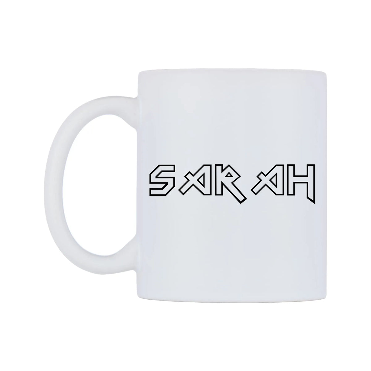 Sarah - Iron Maiden Themed Mug — white 11oz gloss mug, right side, on a white background