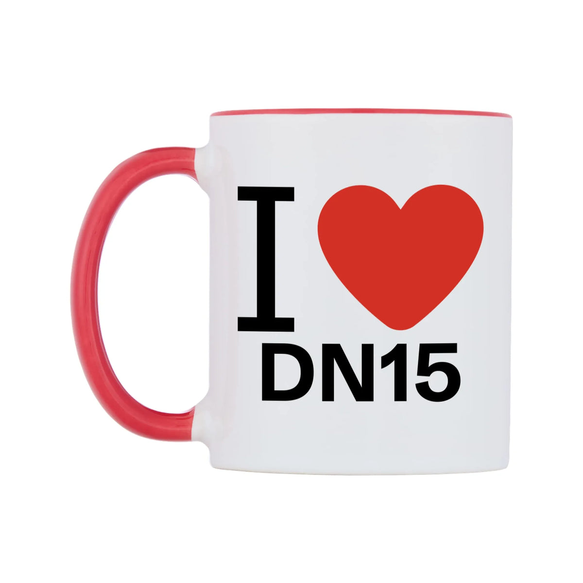 I Love DN15 Mug — white 11oz gloss mug with a red inside and handle, right side, on a white background