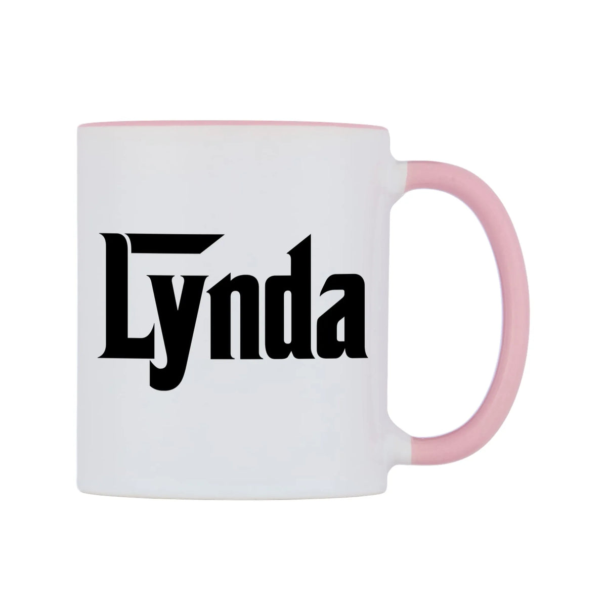 Lynda - Godfather Themed Mug — white 11oz gloss mug with a pink inside and handle, left side, on a white background