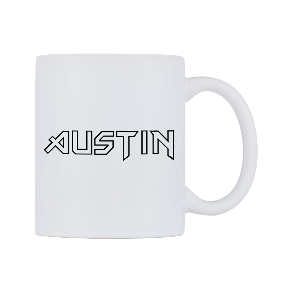 Austin - Iron Maiden Themed Mug — white 11oz gloss mug, left side, on a white background