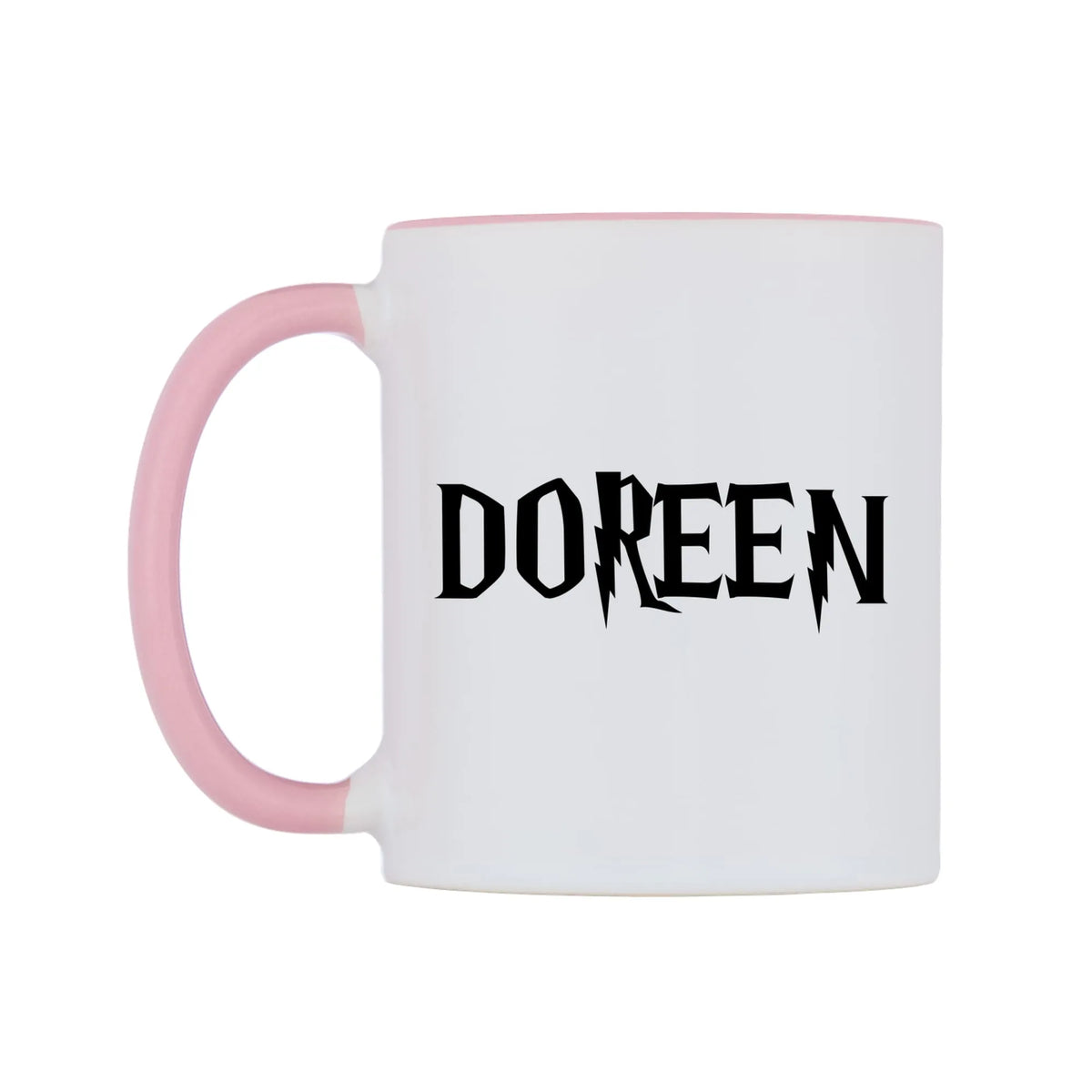 Doreen - Wizard Themed Mug — white 11oz gloss mug with a pink inside and handle, right side, on a white background