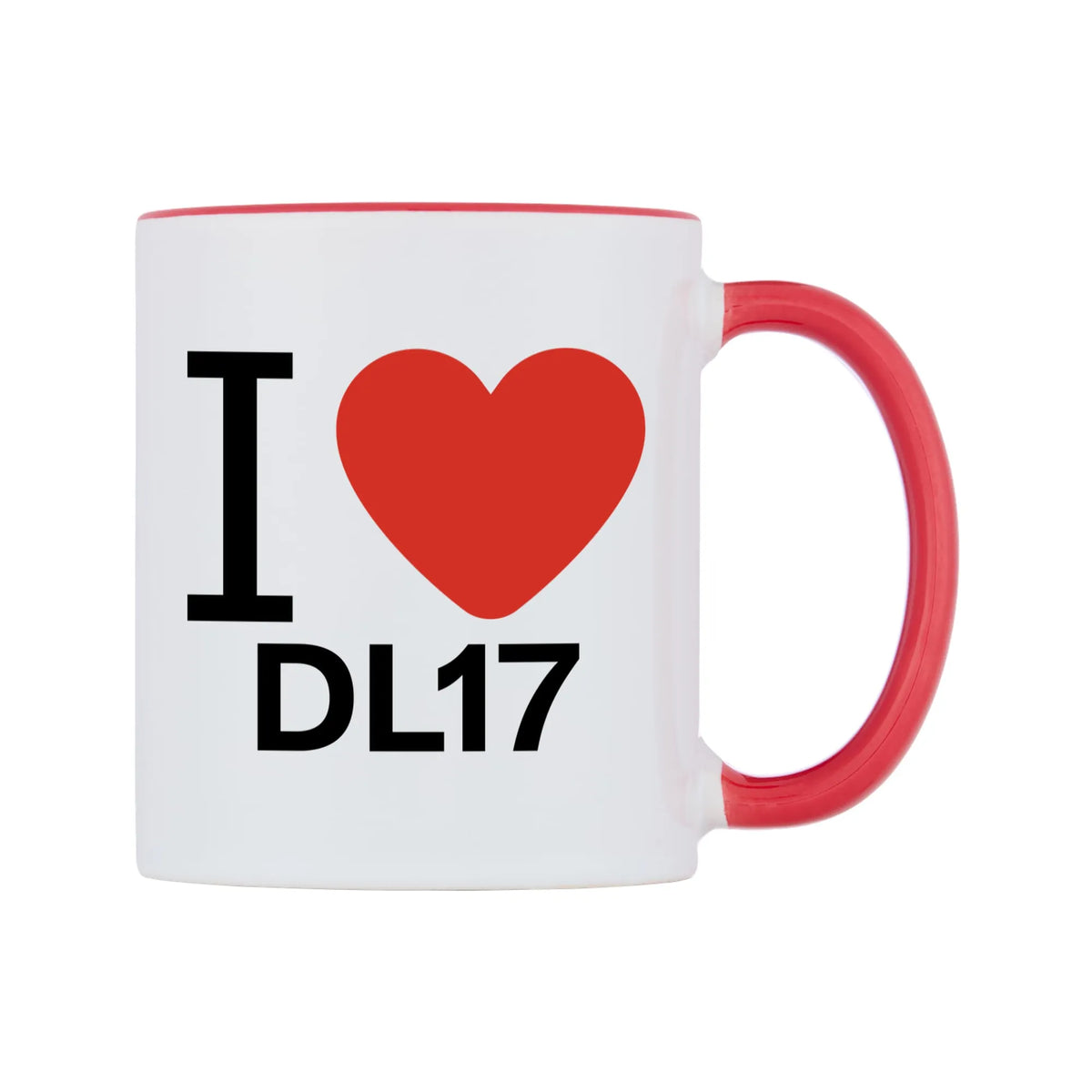 I Love DL17 Mug — white 11oz gloss mug with a red inside and handle, left side, on a white background