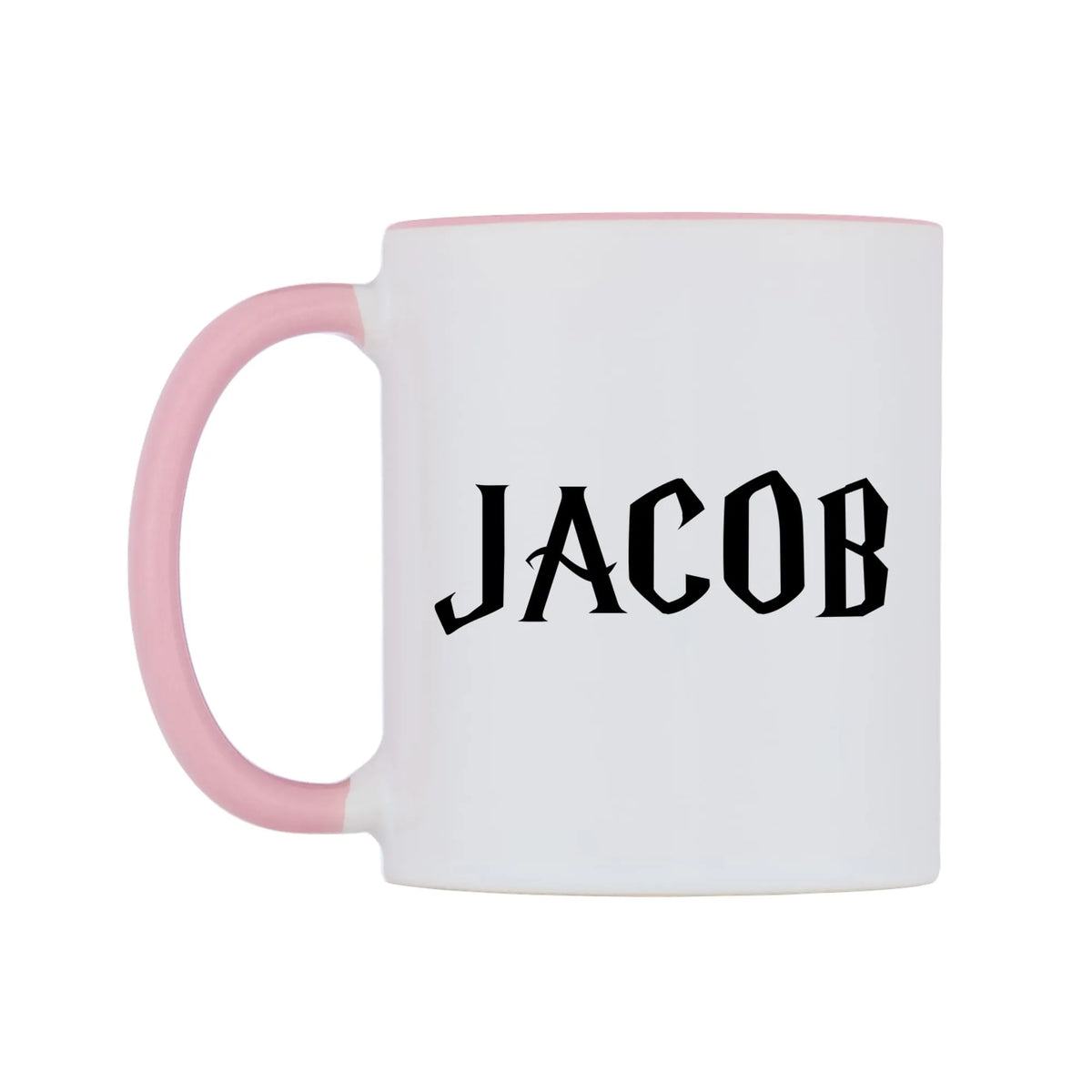 Jacob - Wizard Themed Mug — white 11oz gloss mug with a pink inside and handle, right side, on a white background
