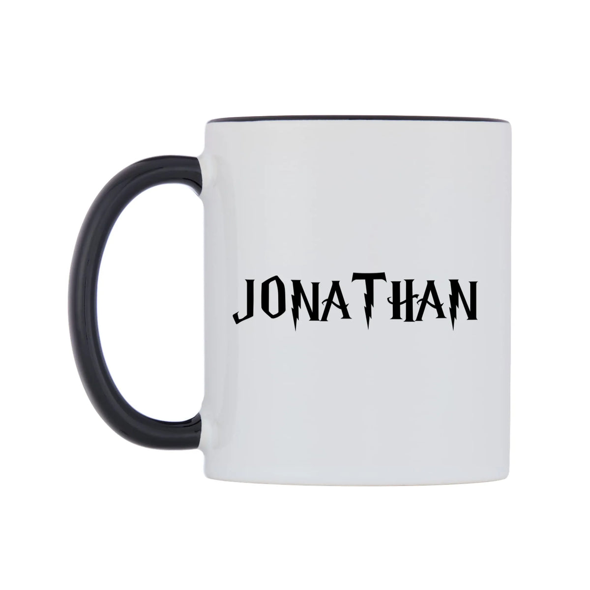 Jonathan - Wizard Themed Mug — white 11oz gloss mug with a black inside and handle, right side, on a white background