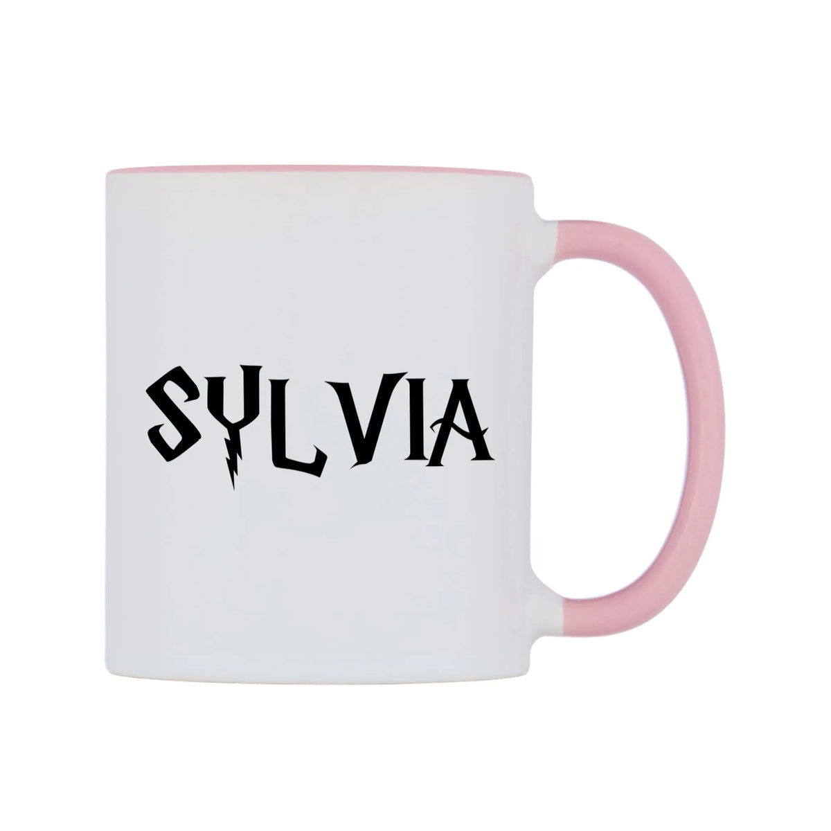 Sylvia - Wizard Themed Mug — white 11oz gloss mug with a pink inside and handle, left side, on a white background