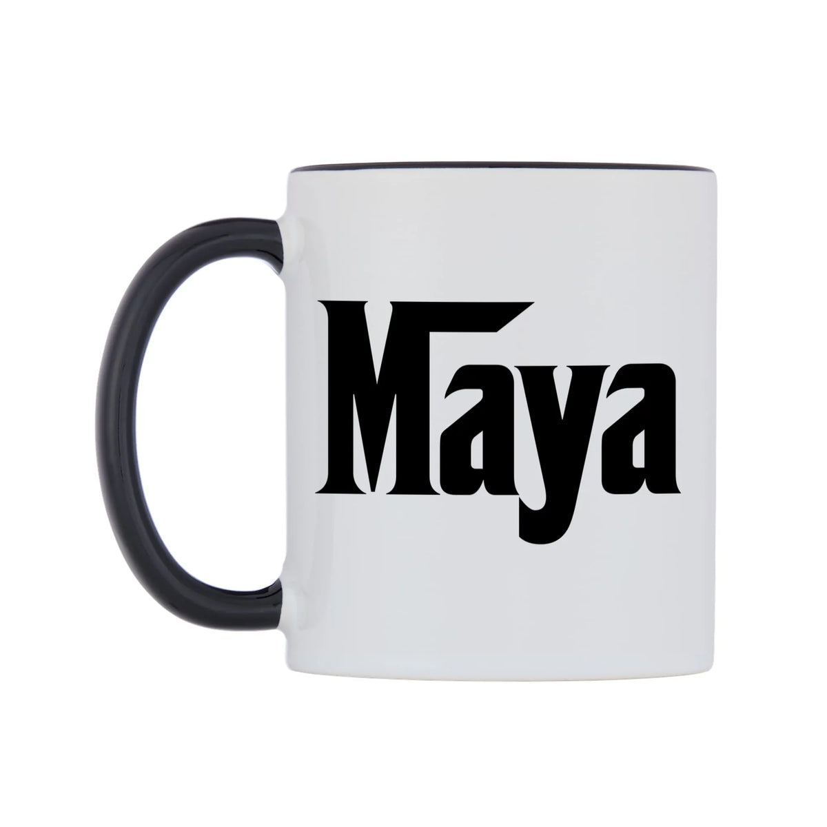 Maya - Godfather Themed Mug — white 11oz gloss mug with a black inside and handle, right side, on a white background