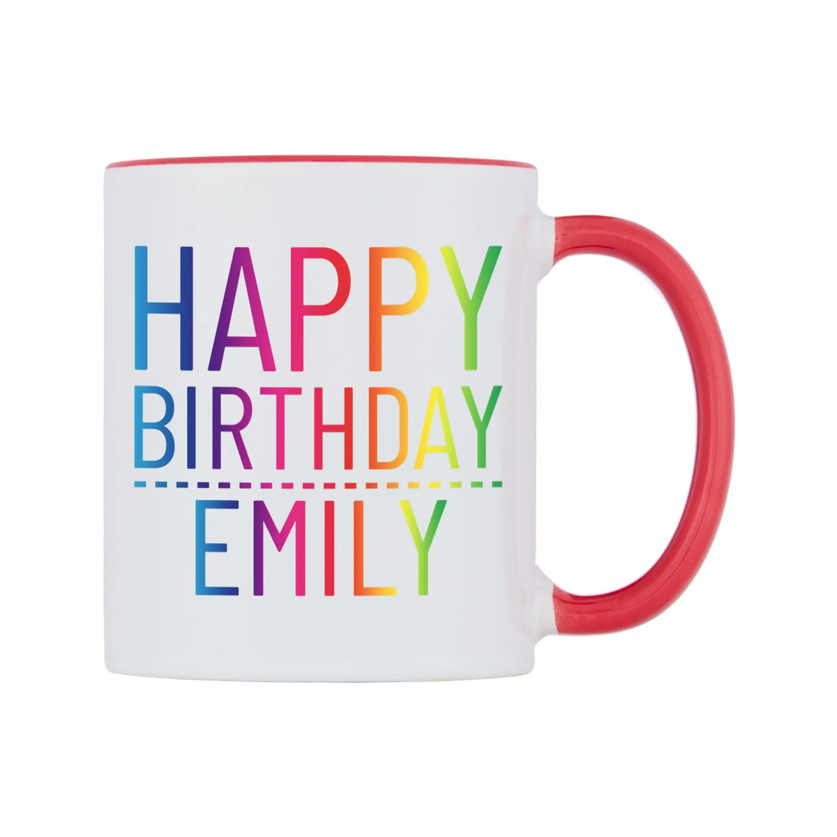 Personalised Happy Birthday (Rainbow) Mug — white 11oz gloss mug with a red inside and handle, left side, on a white background