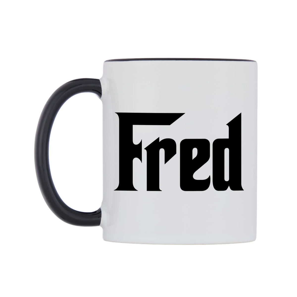 Fred - Godfather Themed Mug — white 11oz gloss mug with a black inside and handle, right side, on a white background