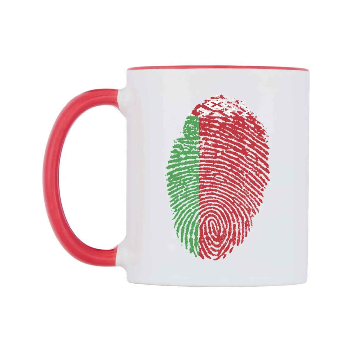Belarus Finger Print Flag Mug — white 11oz gloss mug with a red inside and handle, right side, on a white background