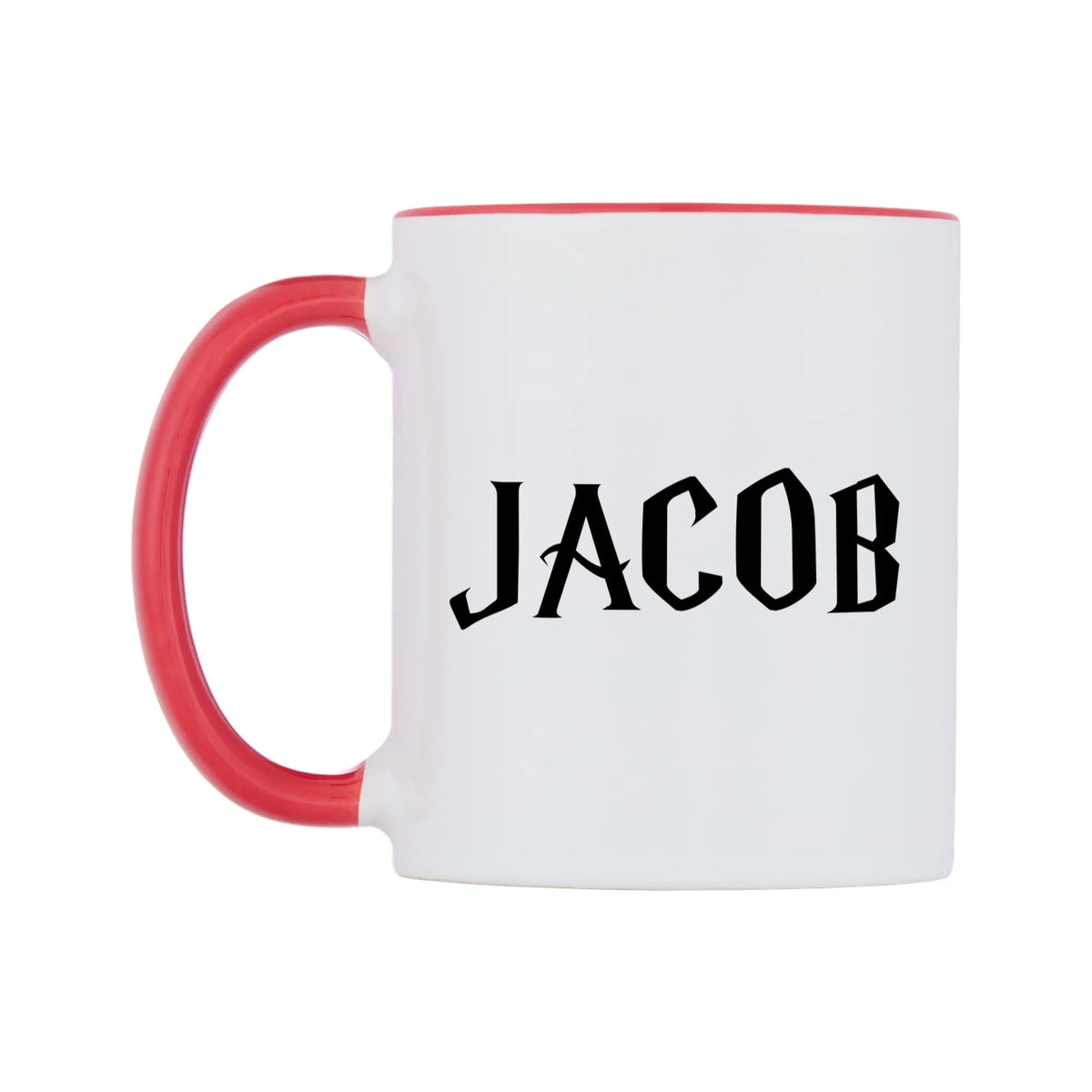 Jacob - Wizard Themed Mug — white 11oz gloss mug with a red inside and handle, right side, on a white background