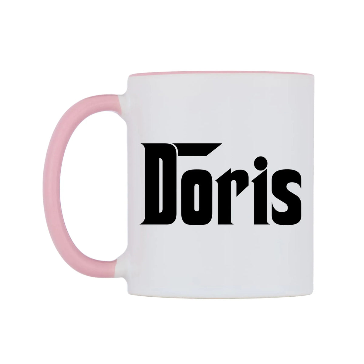 Doris - Godfather Themed Mug — white 11oz gloss mug with a pink inside and handle, right side, on a white background