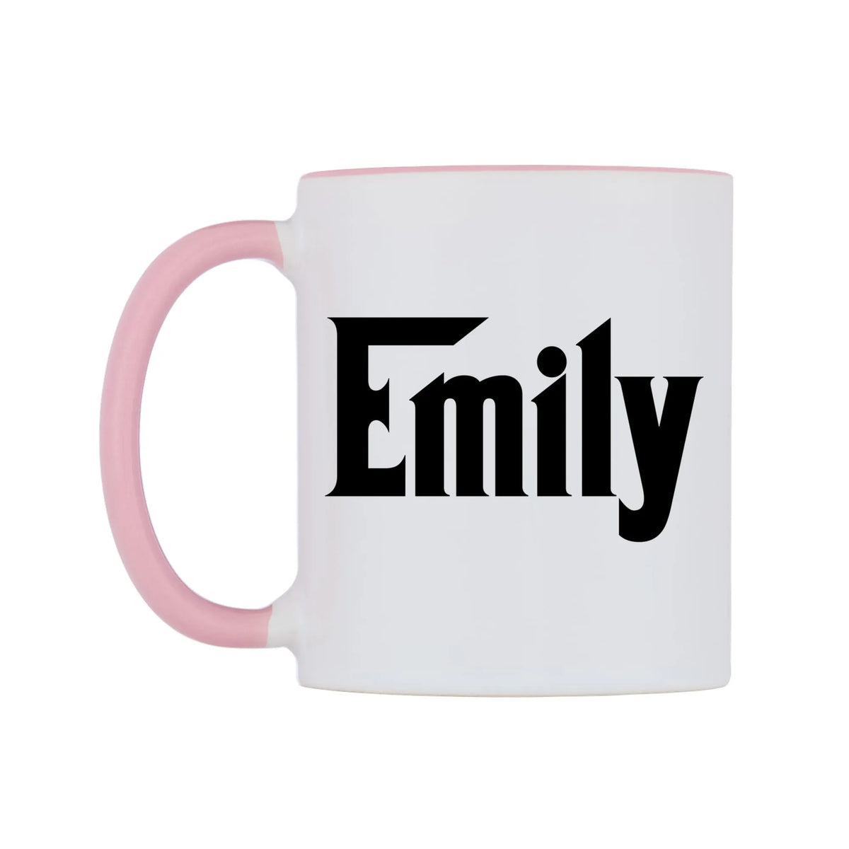 Emily - Godfather Themed Mug — white 11oz gloss mug with a pink inside and handle, right side, on a white background