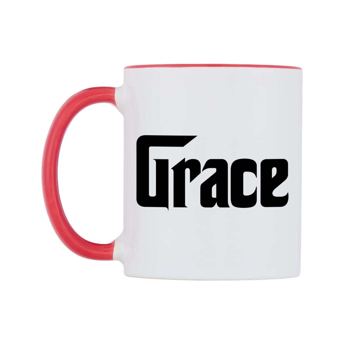 Grace - Godfather Themed Mug — white 11oz gloss mug with a red inside and handle, right side, on a white background