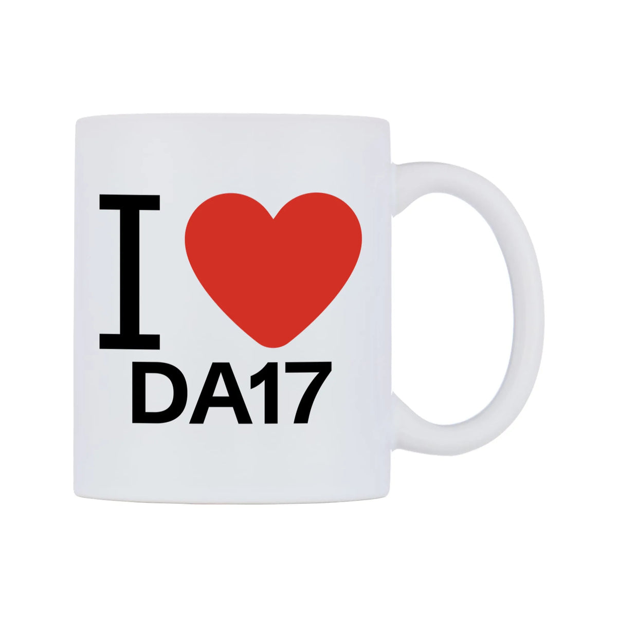 I Love DA17 Mug — white 11oz gloss mug, left side, on a white background