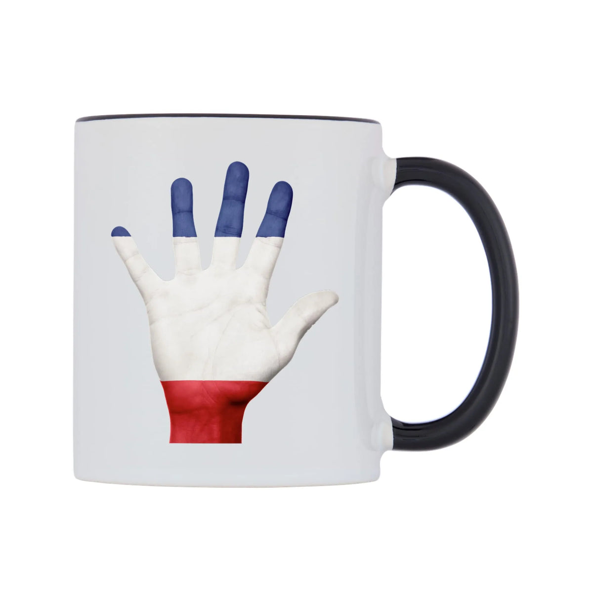 France Hand Flag Mug — white 11oz gloss mug with a black inside and handle, left side, on a white background