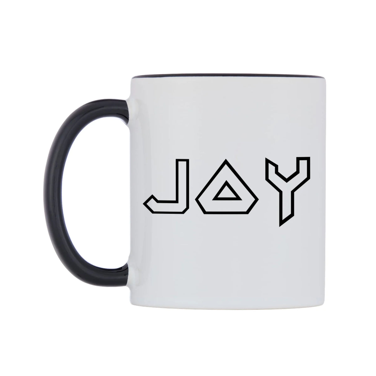 Joy - Iron Maiden Themed Mug — white 11oz gloss mug with a black inside and handle, right side, on a white background