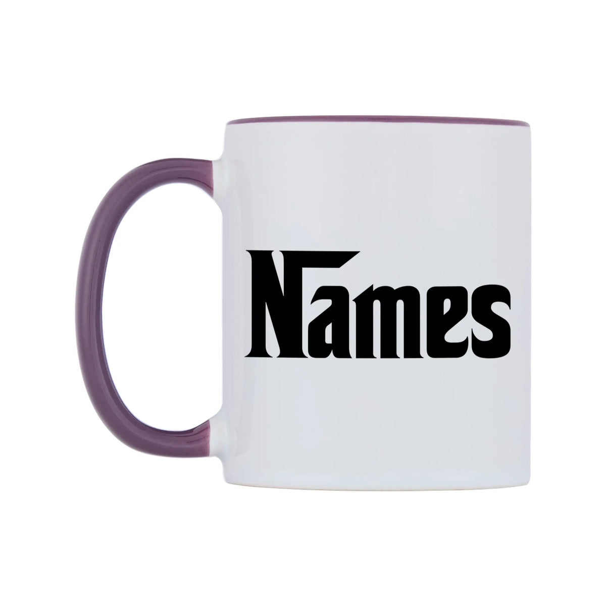 Personalised Godfather Themed Font Names Mug — white 11oz gloss mug with a purple inside and handle, right side, on a white background
