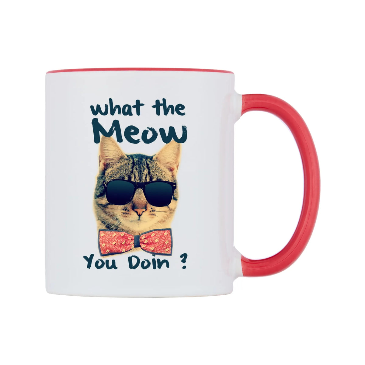 What the Meow You Doin? Mug — white 11oz gloss mug with a red inside and handle, left side, on a white background