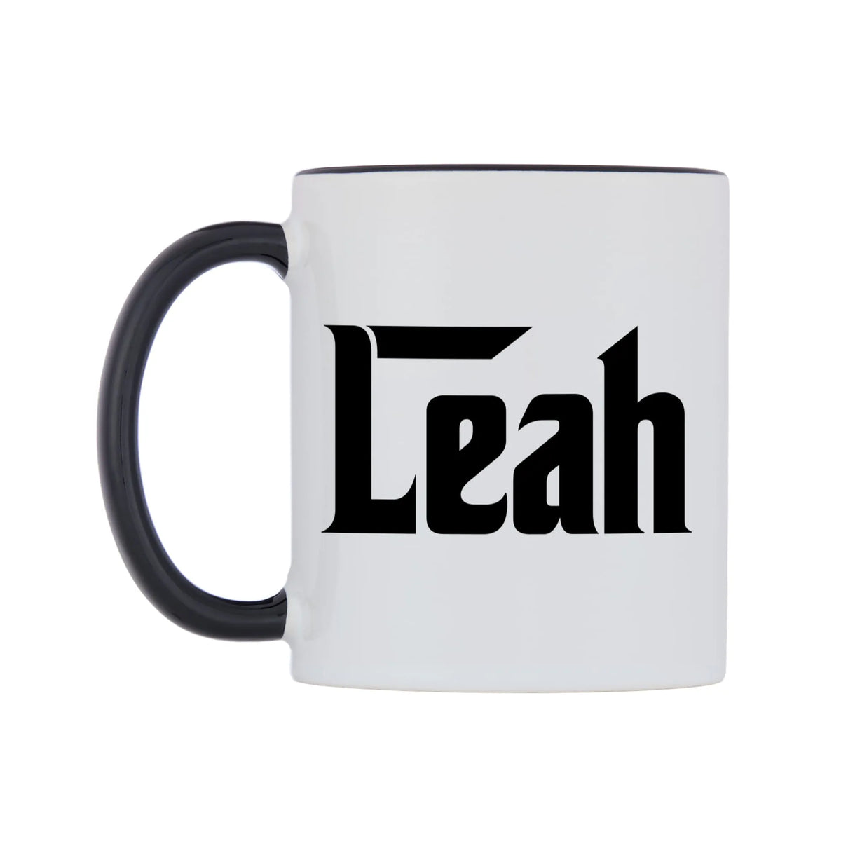 Leah - Godfather Themed Mug — white 11oz gloss mug with a black inside and handle, right side, on a white background