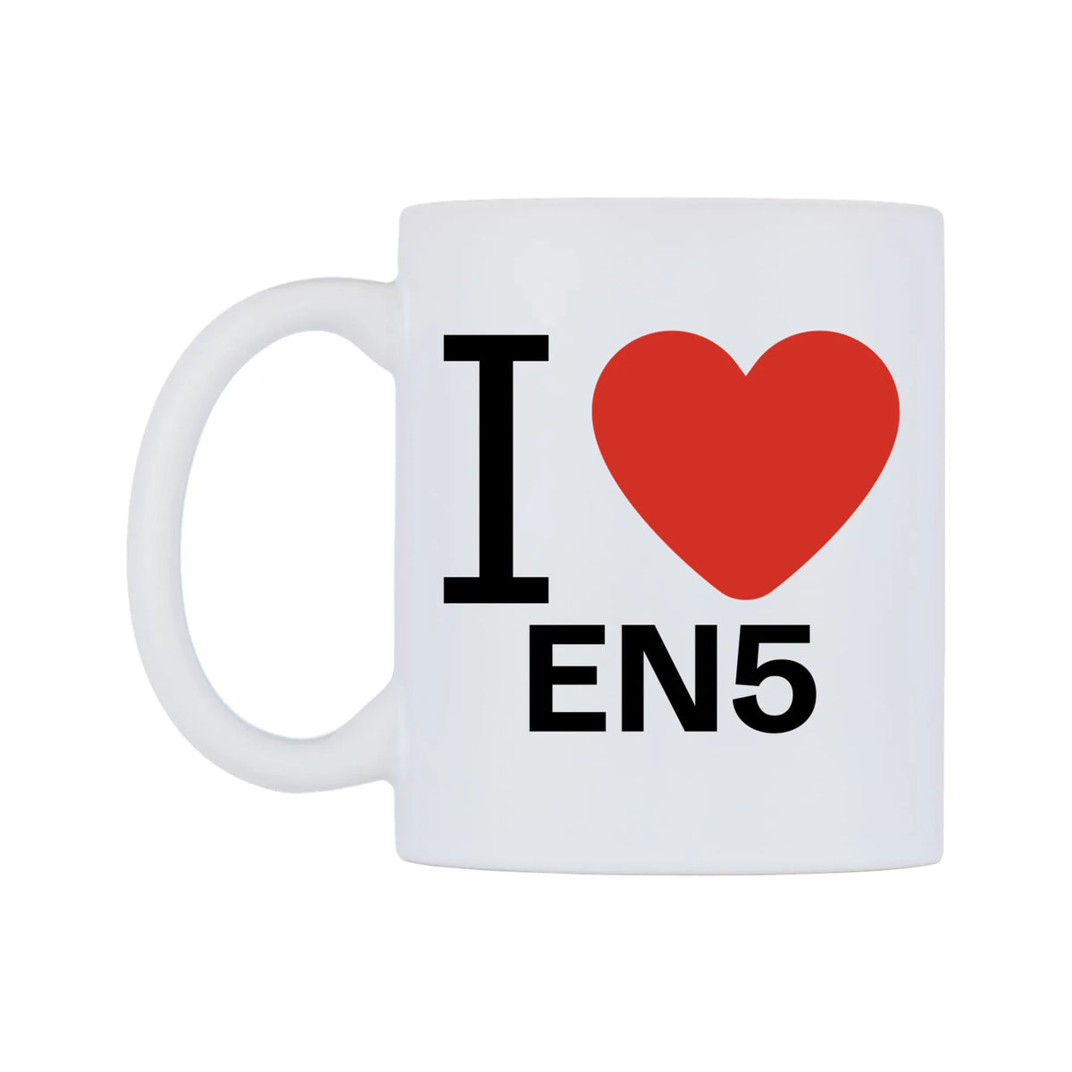 I Love EN5 Mug — white 11oz gloss mug, right side, on a white background