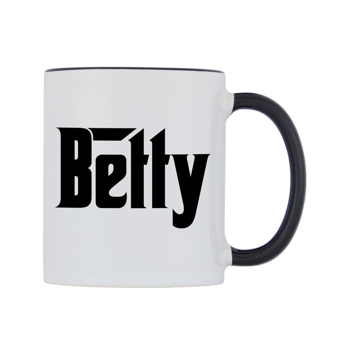 Betty - Godfather Themed Mug — white 11oz gloss mug with a black inside and handle, left side, on a white background
