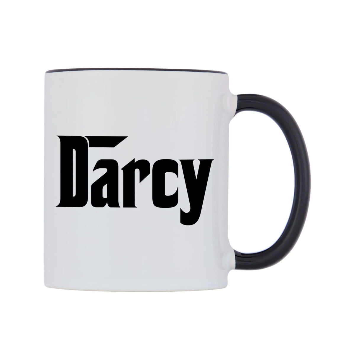 Darcy - Godfather Themed Mug — white 11oz gloss mug with a black inside and handle, left side, on a white background